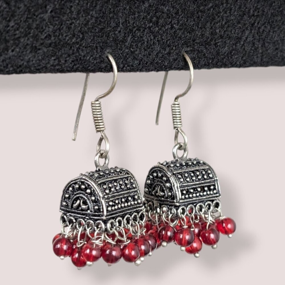 Red Beaded Metal Dome Earrings
